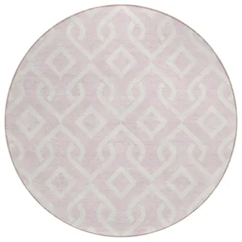 8' Pink And Ivory Round Geometric Washable Indoor Outdoor Area Rug
