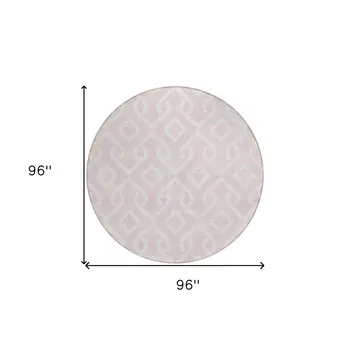8' Pink And Ivory Round Geometric Washable Indoor Outdoor Area Rug