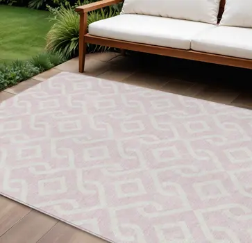 8' X 10' Pink And Ivory Geometric Washable Indoor Outdoor Area Rug