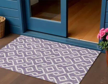 3' X 5' Purple And Ivory Geometric Washable Indoor Outdoor Area Rug