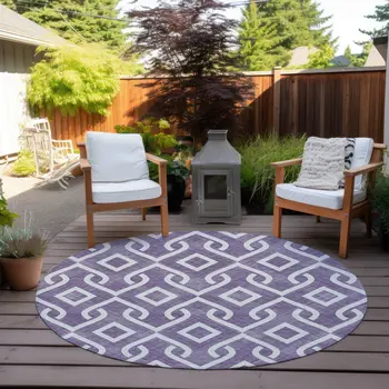 8' Purple And Ivory Round Geometric Washable Indoor Outdoor Area Rug