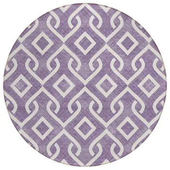 8' Purple And Ivory Round Geometric Washable Indoor Outdoor Area Rug