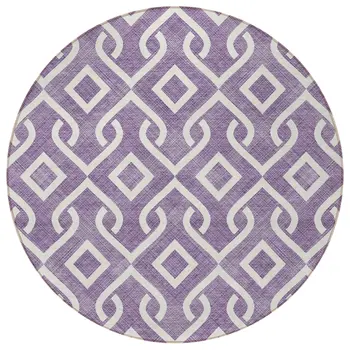8' Purple And Ivory Round Geometric Washable Indoor Outdoor Area Rug