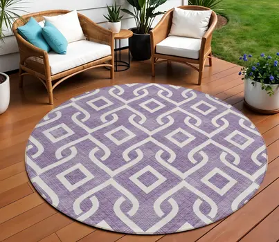 8' Purple And Ivory Round Geometric Washable Indoor Outdoor Area Rug