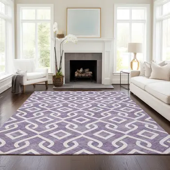 8' X 10' Purple And Ivory Geometric Washable Indoor Outdoor Area Rug