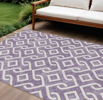 9' X 12' Purple And Ivory Geometric Washable Indoor Outdoor Area Rug