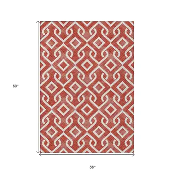 3' X 5' Red And Ivory Geometric Washable Indoor Outdoor Area Rug