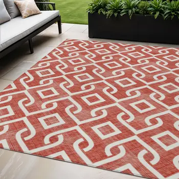5' X 8' Red And Ivory Geometric Washable Indoor Outdoor Area Rug
