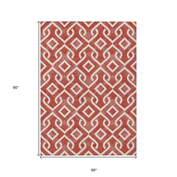 5' X 8' Red And Ivory Geometric Washable Indoor Outdoor Area Rug