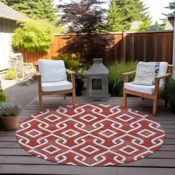 8' Red And Ivory Round Geometric Washable Indoor Outdoor Area Rug