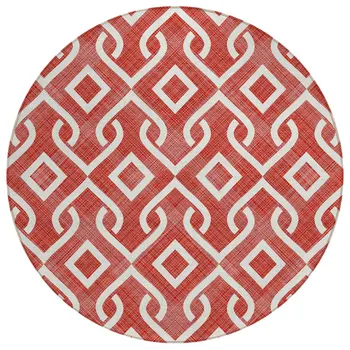 8' Red And Ivory Round Geometric Washable Indoor Outdoor Area Rug