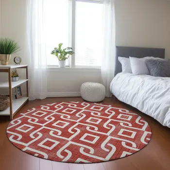 8' Red And Ivory Round Geometric Washable Indoor Outdoor Area Rug
