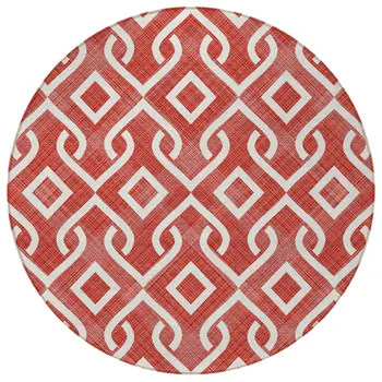 8' Red And Ivory Round Geometric Washable Indoor Outdoor Area Rug