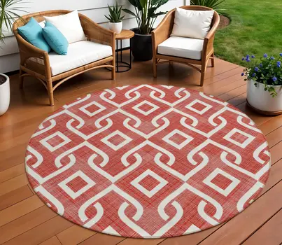 8' Red And Ivory Round Geometric Washable Indoor Outdoor Area Rug