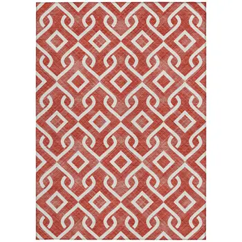 8' X 10' Red And Ivory Geometric Washable Indoor Outdoor Area Rug