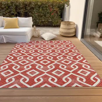 8' X 10' Red And Ivory Geometric Washable Indoor Outdoor Area Rug