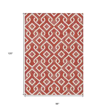 8' X 10' Red And Ivory Geometric Washable Indoor Outdoor Area Rug