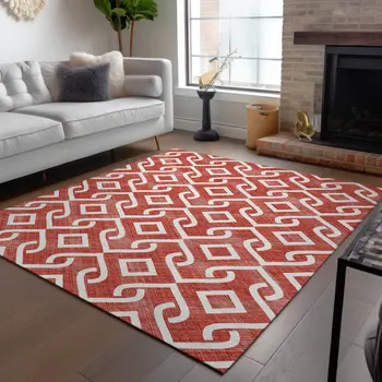 8' X 10' Red And Ivory Geometric Washable Indoor Outdoor Area Rug