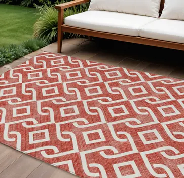 9' X 12' Red And Ivory Geometric Washable Indoor Outdoor Area Rug