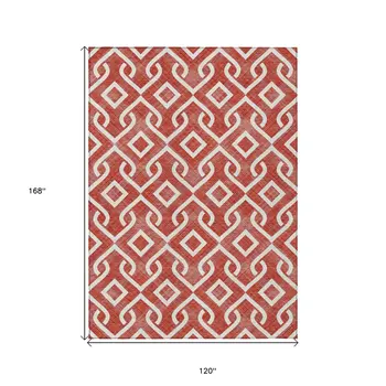 10' X 14' Red And Ivory Geometric Washable Indoor Outdoor Area Rug