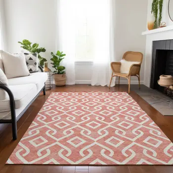 3' X 5' Salmon And Ivory Geometric Washable Indoor Outdoor Area Rug