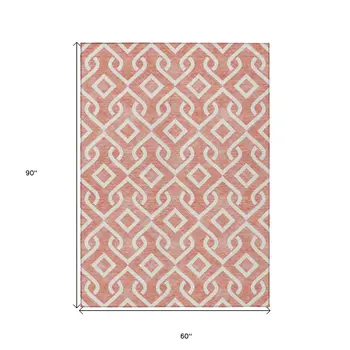 5' X 8' Salmon And Ivory Geometric Washable Indoor Outdoor Area Rug