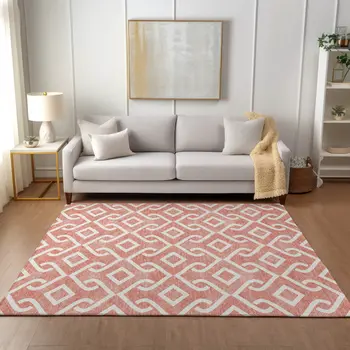 5' X 8' Salmon And Ivory Geometric Washable Indoor Outdoor Area Rug