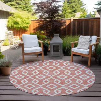 8' Salmon And Ivory Round Geometric Washable Indoor Outdoor Area Rug