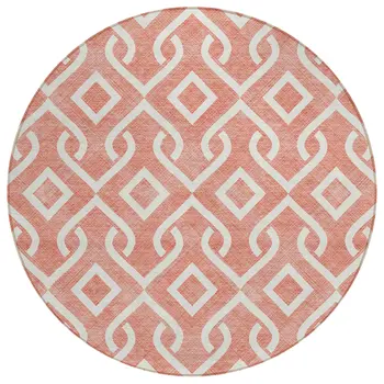 8' Salmon And Ivory Round Geometric Washable Indoor Outdoor Area Rug