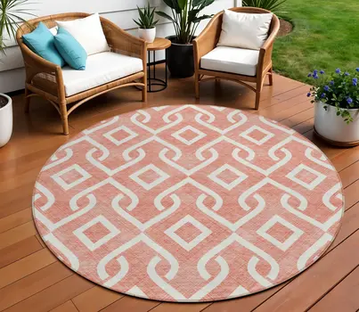 8' Salmon And Ivory Round Geometric Washable Indoor Outdoor Area Rug