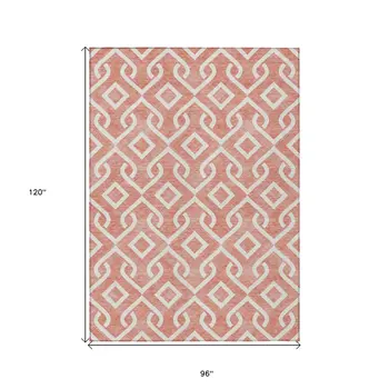 8' X 10' Salmon And Ivory Geometric Washable Indoor Outdoor Area Rug