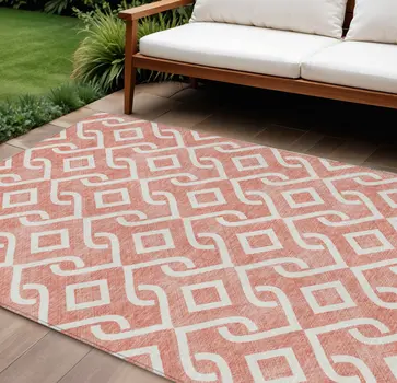 9' X 12' Salmon And Ivory Geometric Washable Indoor Outdoor Area Rug