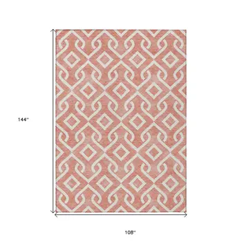 9' X 12' Salmon And Ivory Geometric Washable Indoor Outdoor Area Rug