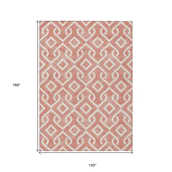 10' X 14' Salmon And Ivory Geometric Washable Indoor Outdoor Area Rug