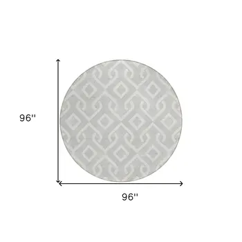 8' Silver And Ivory Round Geometric Washable Indoor Outdoor Area Rug