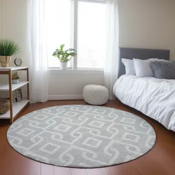 8' Silver And Ivory Round Geometric Washable Indoor Outdoor Area Rug