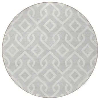 8' Silver And Ivory Round Geometric Washable Indoor Outdoor Area Rug
