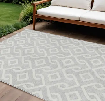 8' X 10' Silver And Ivory Geometric Washable Indoor Outdoor Area Rug