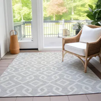 10' X 14' Silver And Ivory Geometric Washable Indoor Outdoor Area Rug