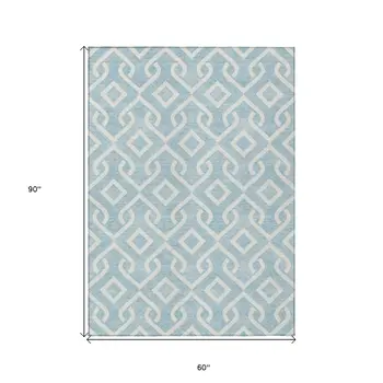 5' X 8' Sky Blue And Ivory Geometric Washable Indoor Outdoor Area Rug