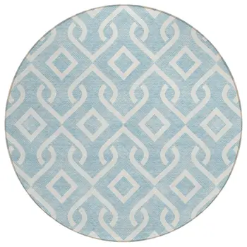 8' Sky Blue And Ivory Round Geometric Washable Indoor Outdoor Area Rug