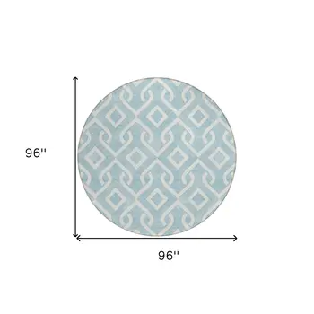 8' Sky Blue And Ivory Round Geometric Washable Indoor Outdoor Area Rug