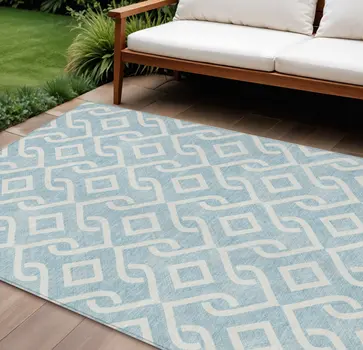 8' X 10' Sky Blue And Ivory Geometric Washable Indoor Outdoor Area Rug