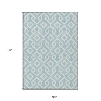 10' X 14' Sky Blue And Ivory Geometric Washable Indoor Outdoor Area Rug