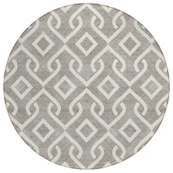8' Taupe And Ivory Round Geometric Washable Indoor Outdoor Area Rug
