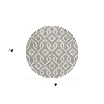 8' Taupe And Ivory Round Geometric Washable Indoor Outdoor Area Rug