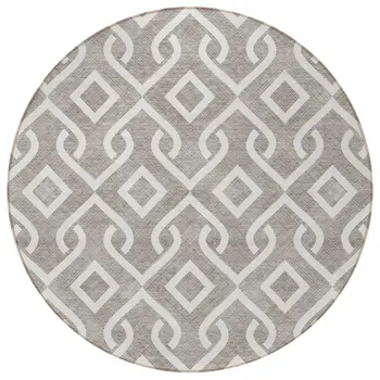 8' Taupe And Ivory Round Geometric Washable Indoor Outdoor Area Rug
