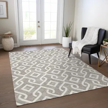 8' X 10' Taupe And Ivory Geometric Washable Indoor Outdoor Area Rug