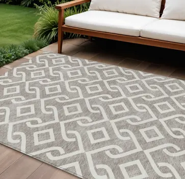 10' X 14' Taupe And Ivory Geometric Washable Indoor Outdoor Area Rug