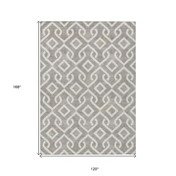 10' X 14' Taupe And Ivory Geometric Washable Indoor Outdoor Area Rug